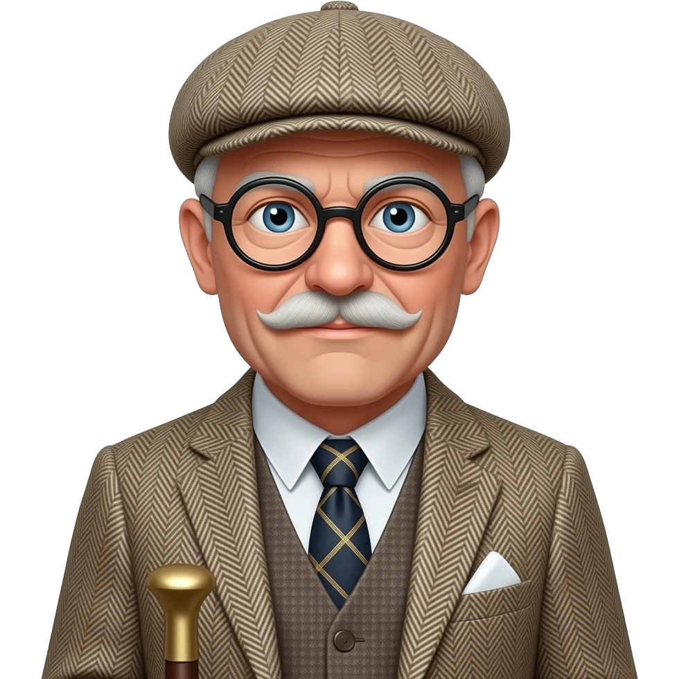 Daper old man with hat. Glasses and a walking cane, no mustache emoji