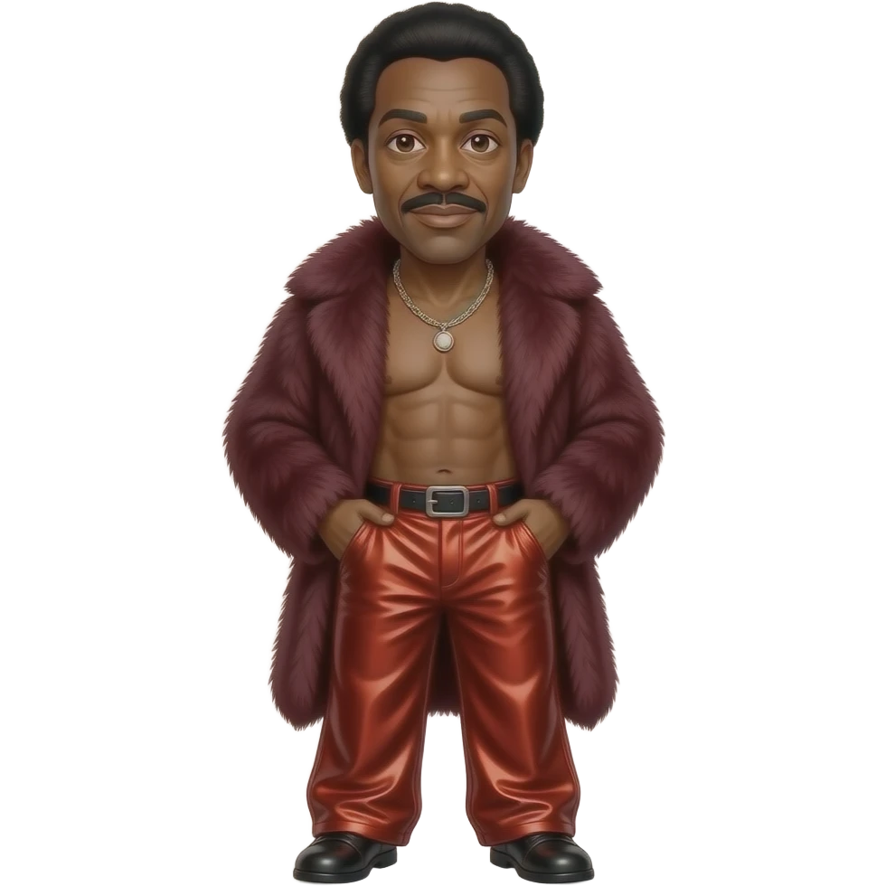 Richard Pryor with dark brown eyes, black hair, maroon fur shawl, crimson metallic baggy pants, shirtless with necklace emoji