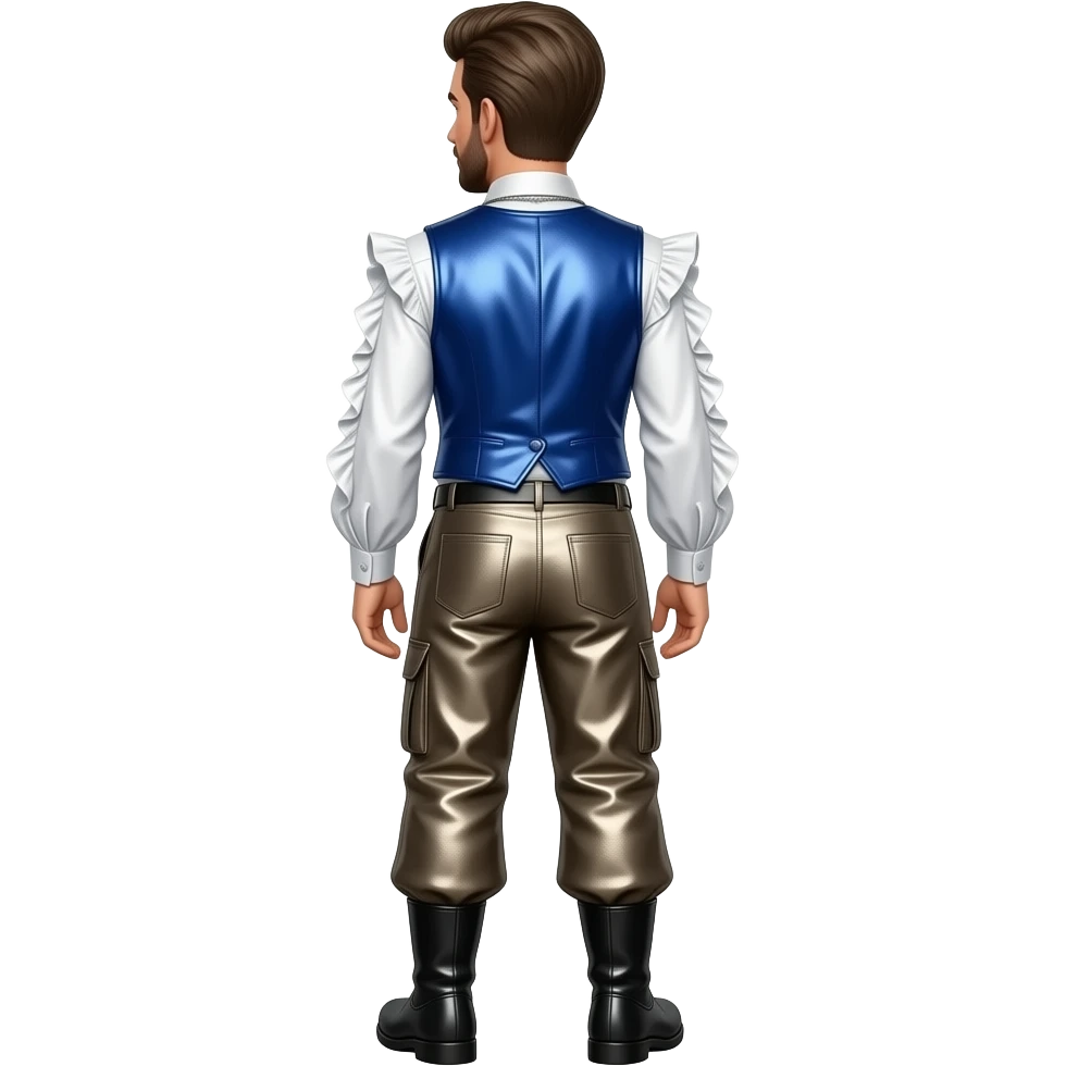 Jonathan Bailey from behind with white metallic ruffle shirt, royal blue metallic vest, dark beige metallic saggy pants, black metallic boots, necklace emoji