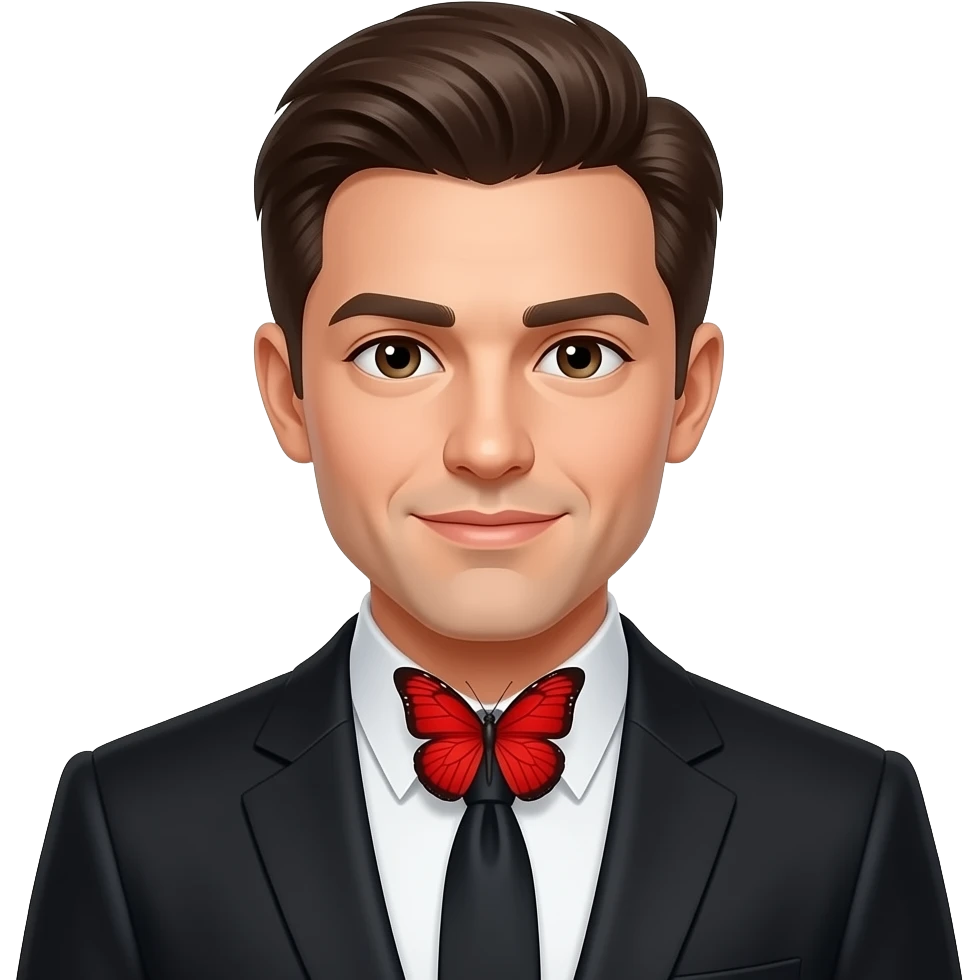 элегантный мужчина в черном костюме и с красной бабочкой на шее emoji
