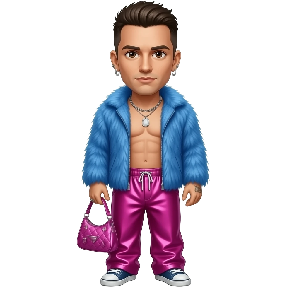Chester Bennington with brown eyes, dark brown hair, blue fur shawl, hot pink metallic baggy loose pants, shirtless with necklace and earrings emoji