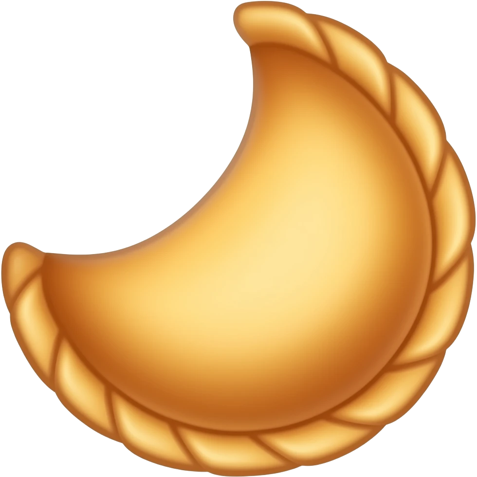 iOS-style emoji sticker of a small empanadilla, cute minimal 3D glossy emoji style, golden-brown half-moon shape with crimped edges, soft baked shine, centered composition, white or transparent background, simple clean design, no face, no plate or extras. emoji