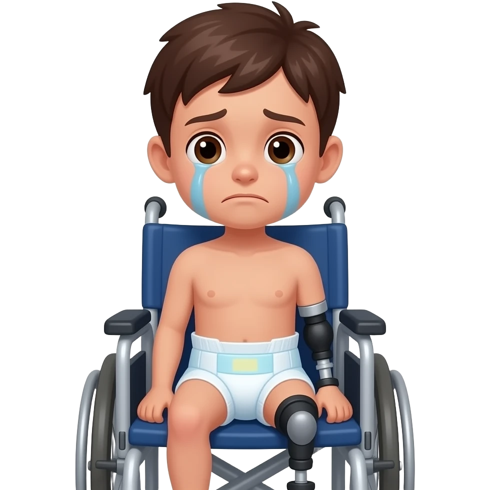 a crying quadruple amputee boy in a thick diaper and wheelchair emoji