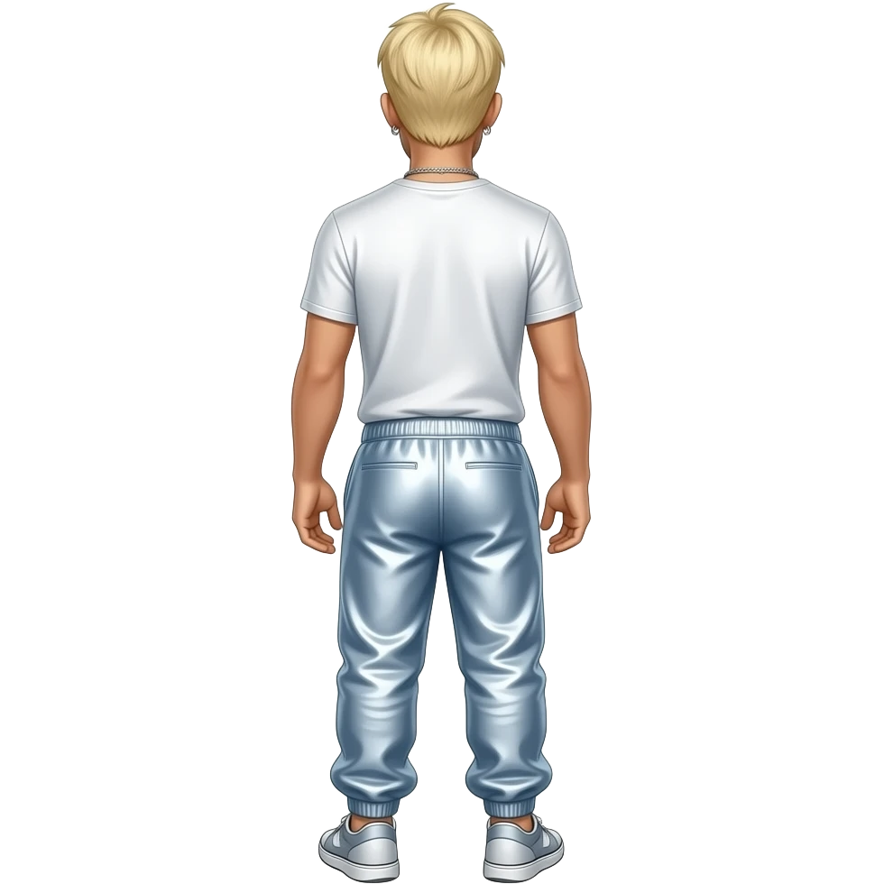 Eminem from behind with blonde hair, white metallic t-shirt, light steel blue metallic saggy joggers, necklace and earrings emoji