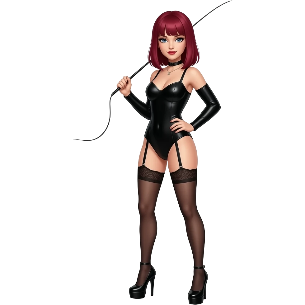 Dominatrix with very straight, shoulder-length burgundy hair. Standing up, wearing black stiletto platform heels, holding a whip. emoji