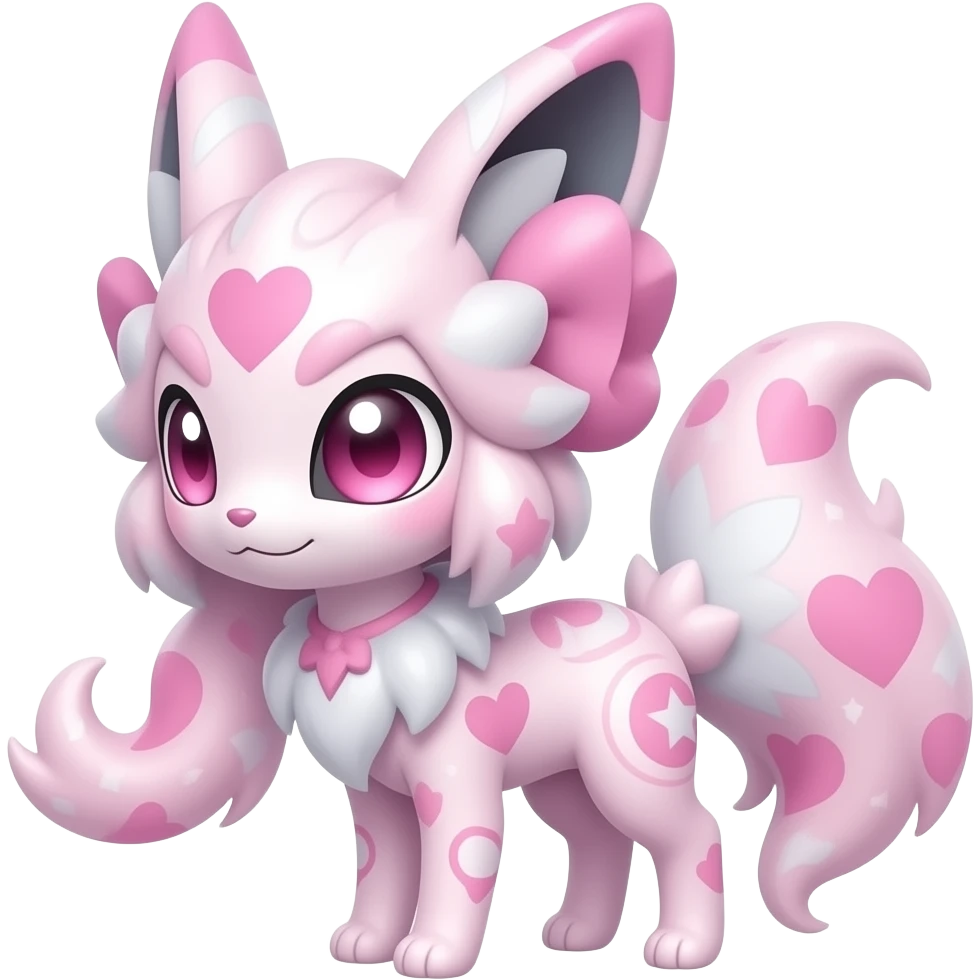 Rosy shiny glossy sparkly romantic pastel damask Absol-Sylveon-Fakemon-hybrid with heart and moon patterns emoji