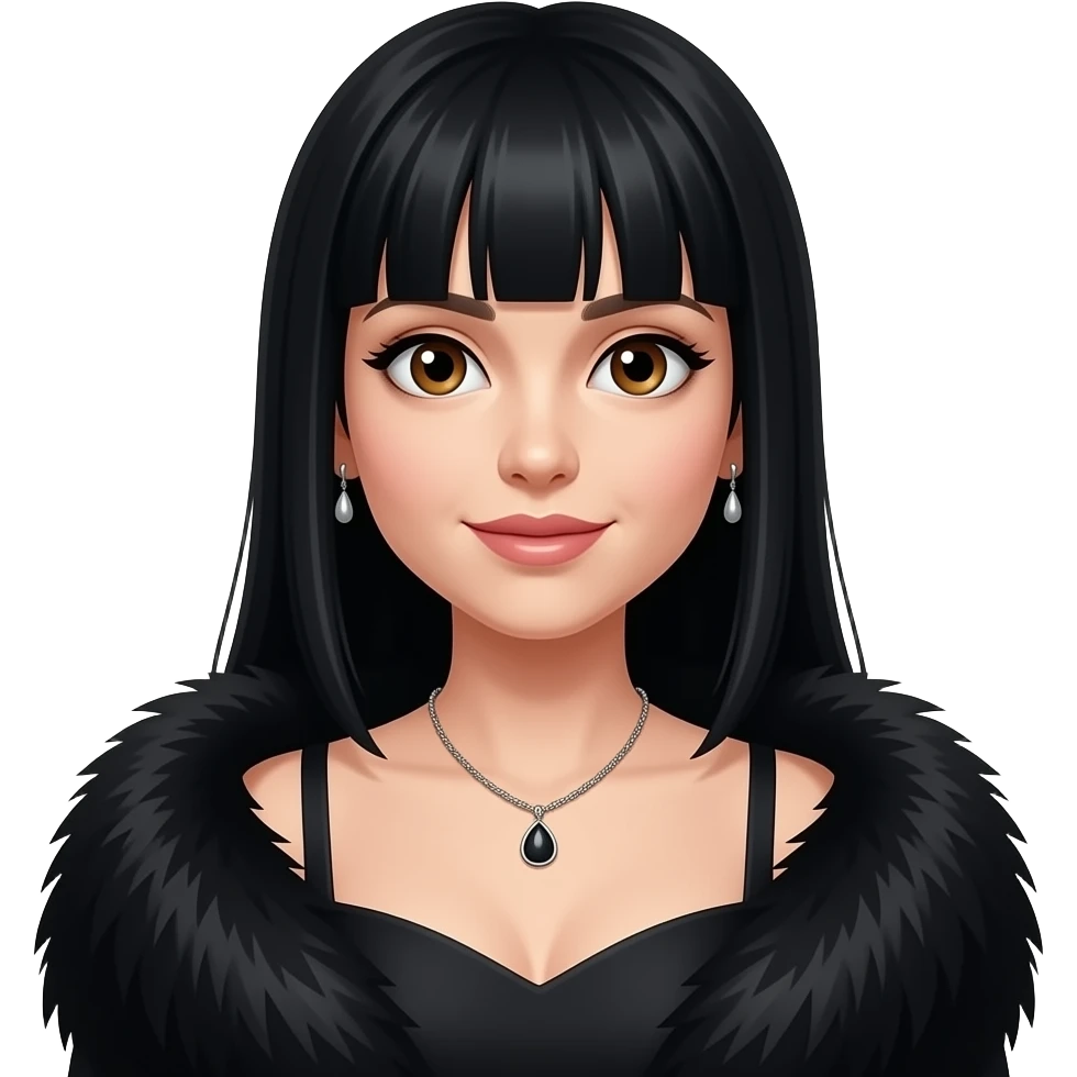 Cher with hazel eyes, long black straight hair, black fur shawl, black dress, necklace and earrings emoji