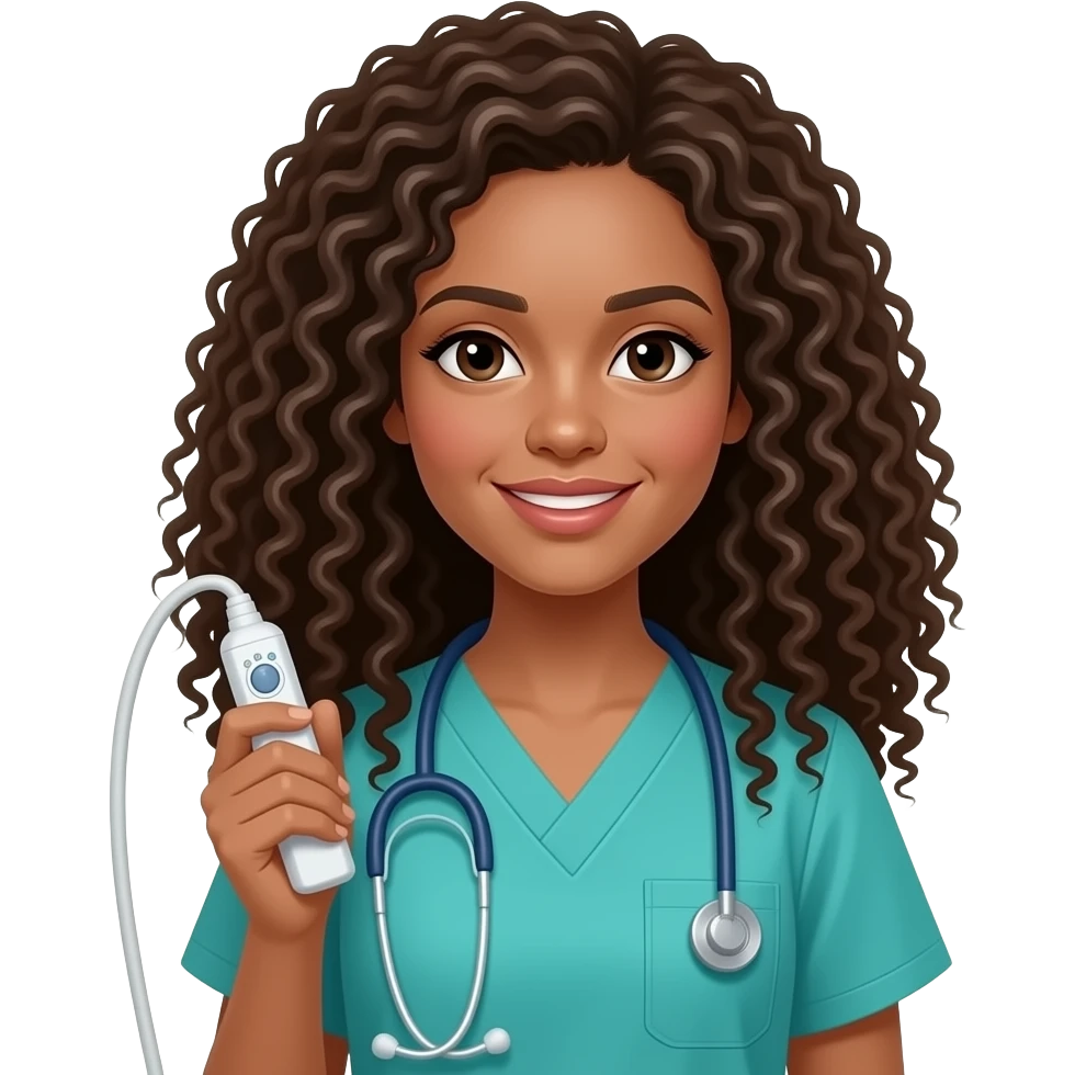Can I get a girl with light to medium tan skin with long 2B curly hair and teal scrubs  to hold an ultrasound transducer emoji
