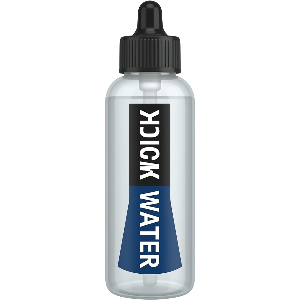 long skinny squeeze bottle with black cap with white liquid in it with a white and dark blue vertical label that says FUCK WATER but the fuck is white text with a black background and water is white text with a navy blue background so it’s split in half. but the label is sideways emoji