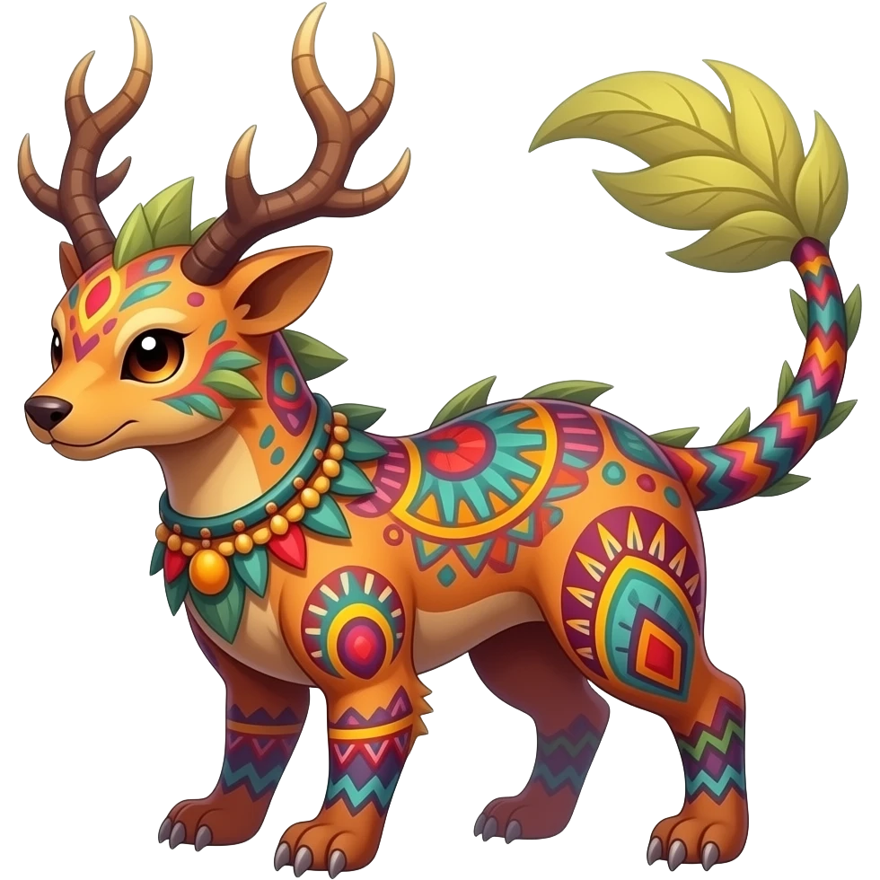 Colorful Fruity Warm-colored Tropical Tribal Shamanic Exotic Vernid-Sergal-Trico-Silvally-Nargacuga-fusion-hybrid-animal-creature, full body emoji