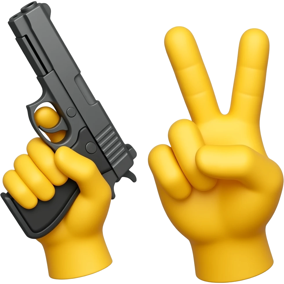 one yellow hand holding a gun, other hand showing victory emoji