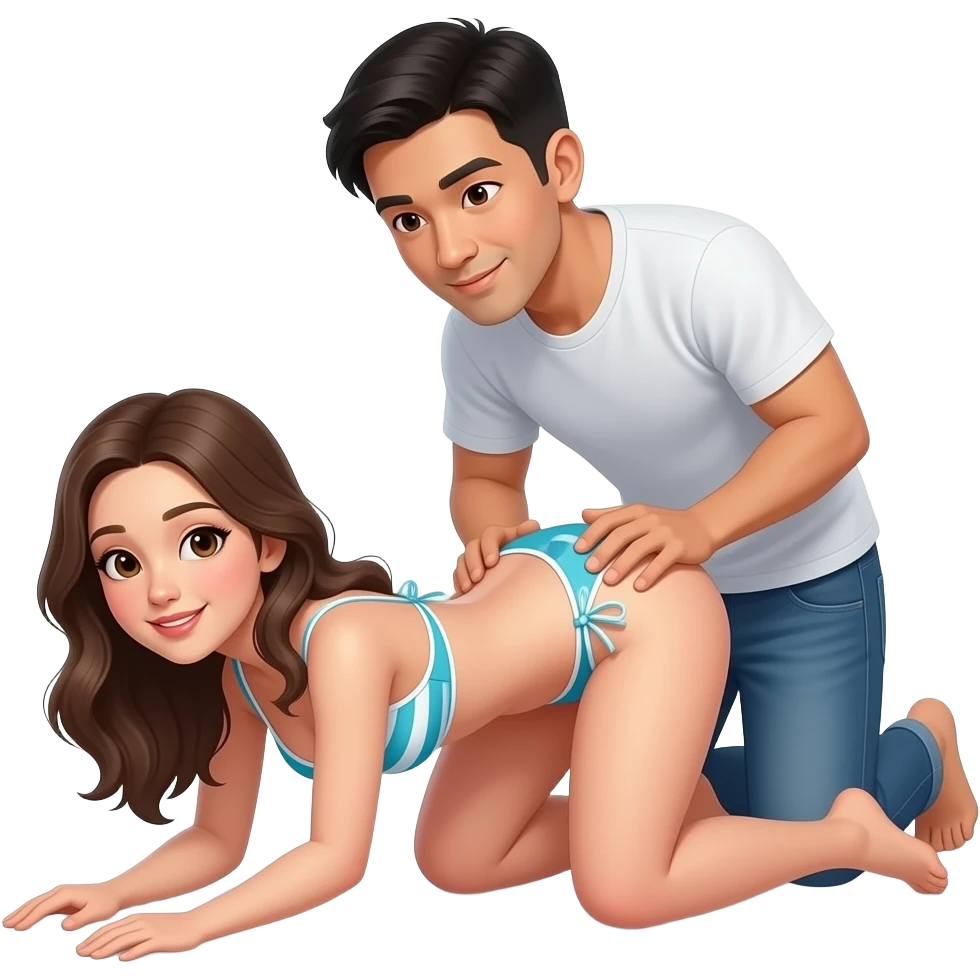 large hips White Woman in bikini laying on her hands and knee and on her head with an asian man behind grabbing her waist emoji