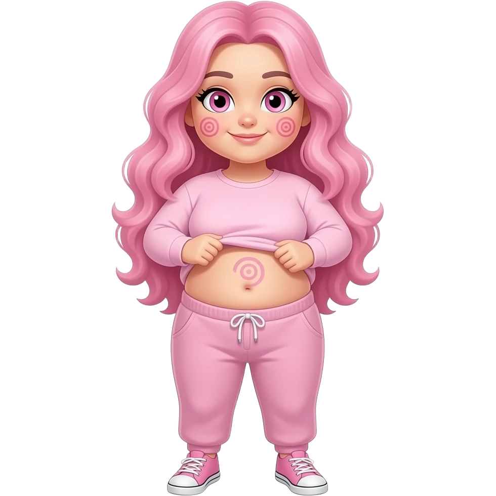 White fat girl pink eyes light pink swirly long hair pink swirl cheeks light pink plain long sleeve shirt light pink sweat pants light pink shoes lifting her shirt showing belly button swirl emoji