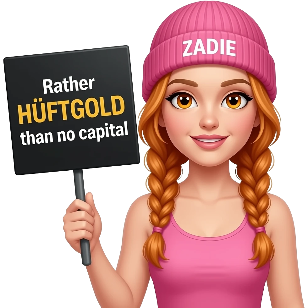 sexy girl with overlong ginger braids and ginger eyes wearing a pink tanktop and a pink beanie with ZADIE written on it, is holding a black sign with Lieber HÜFTGOLD als gar kein KAPITAL written on it emoji
