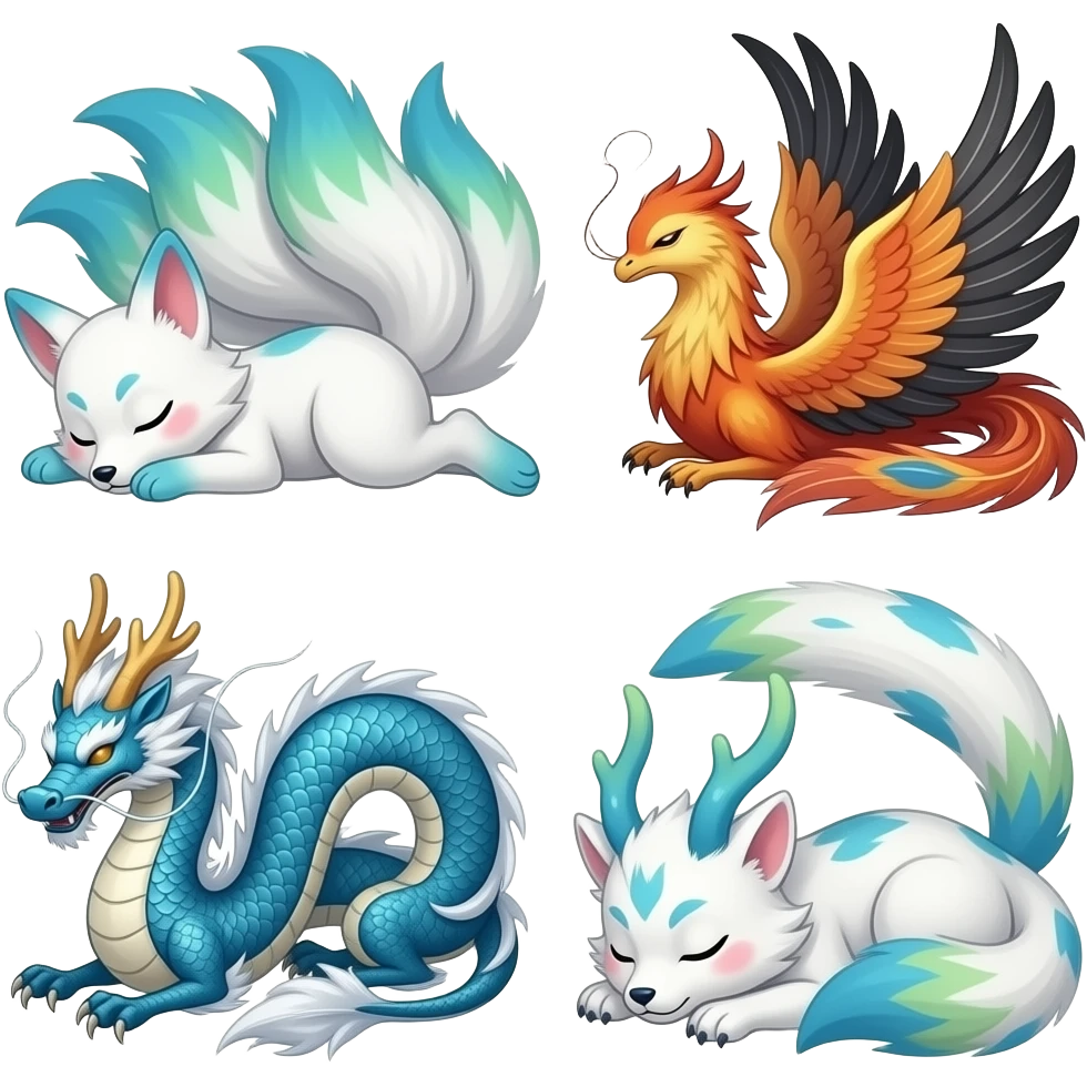 All together sleeping in the photo White Nine kitsune tail with blue green ombre tips on the tails and paws as socks. By a white and black feathers tip Phoenix. Also by a blue and white Chinese dragon. Even by a white Qulin with blue an green on it emoji