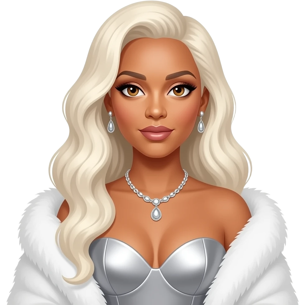 Beyonce with hazel eyes, long white blonde pin-up hair, silver sweetheart dress, white fur shawl, necklace and earrings emoji