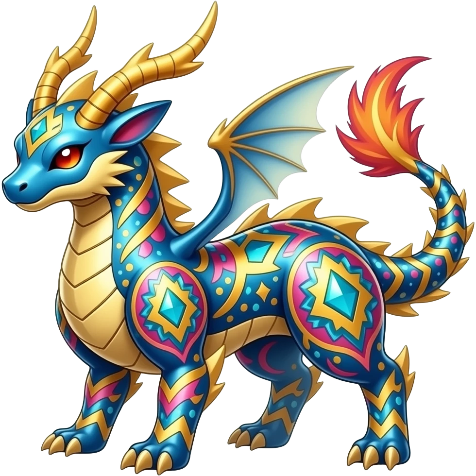 Shiny colorful Oriental painted marked patterned Asian beautiful elegant extravagant extraordinary Litten-Zygarde-Zangoose-fusion emoji