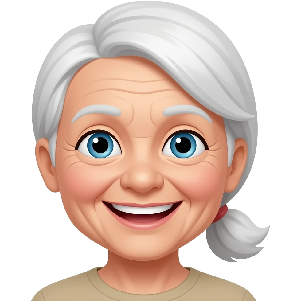 "An old lady with her long white hair gathered into a ponytail is beaming with a bright smile. emoji