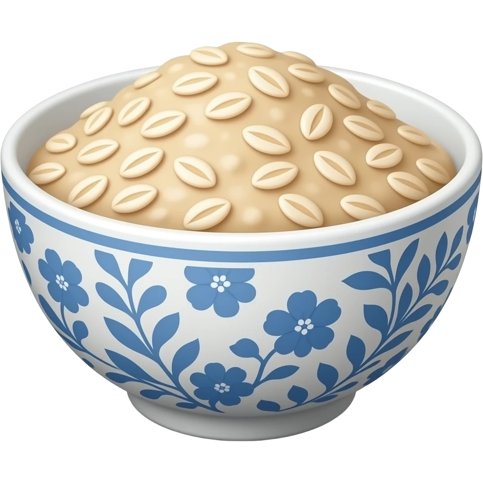 elegant white floral blue bowl with some realistic oatmeal emoji