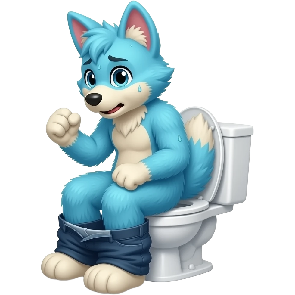 blue fursuit sitting on toilet, pants down, side view , both fists , uncomfortable, squeezing, straining, sweating, red cheeks, emoji