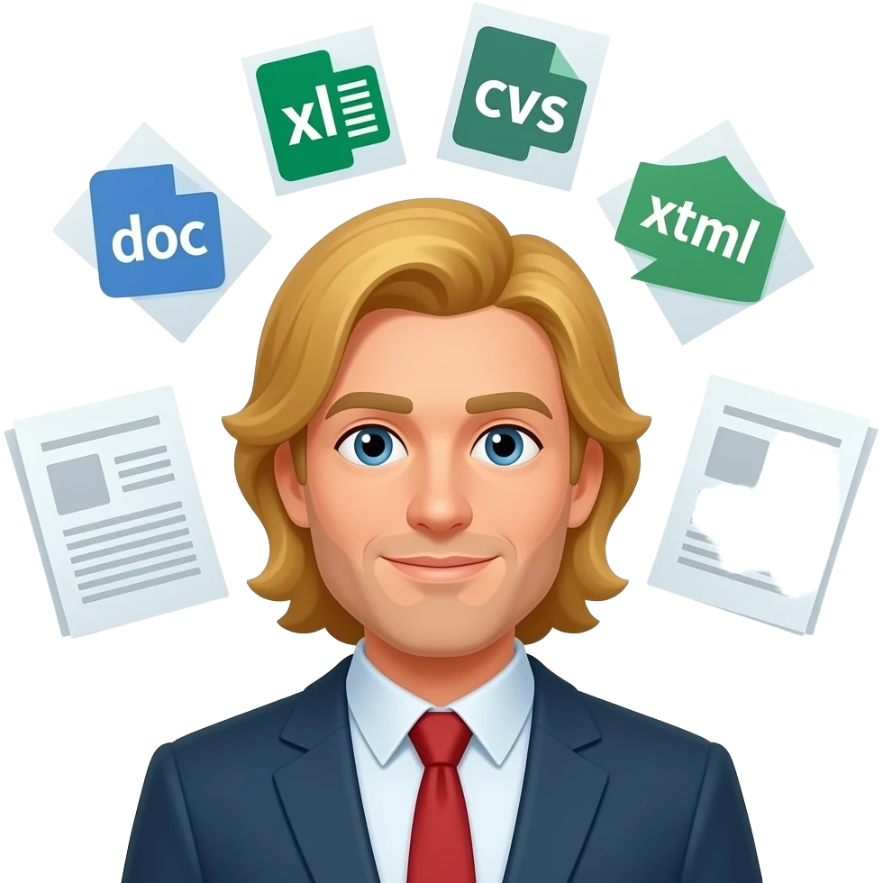 master data expert, MAN , "doc" "xls", "csv", "xml" and docs around his head , blond long hair emoji