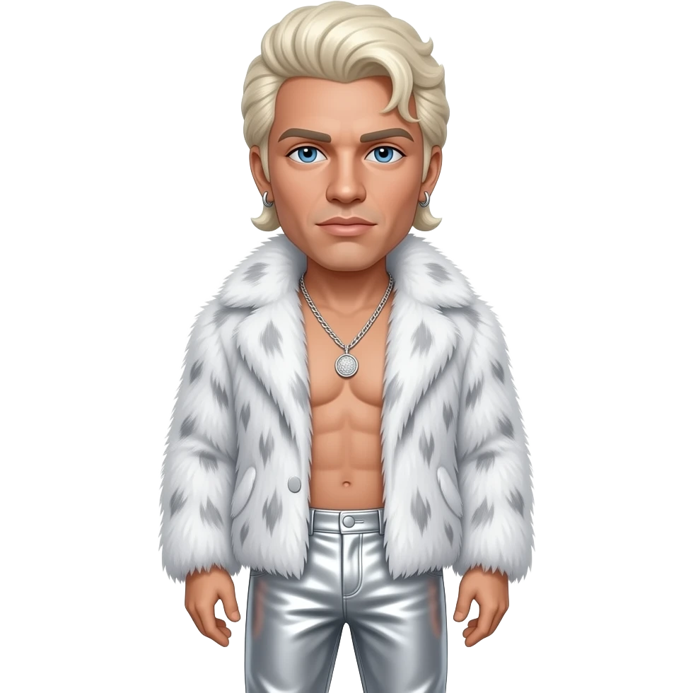 Vanilla Ice, White Rapper with white skin, blue eyes, blonde elvis hair, silver fur shawl, silver metallic baggy pants, shirtless with necklace and earrings emoji