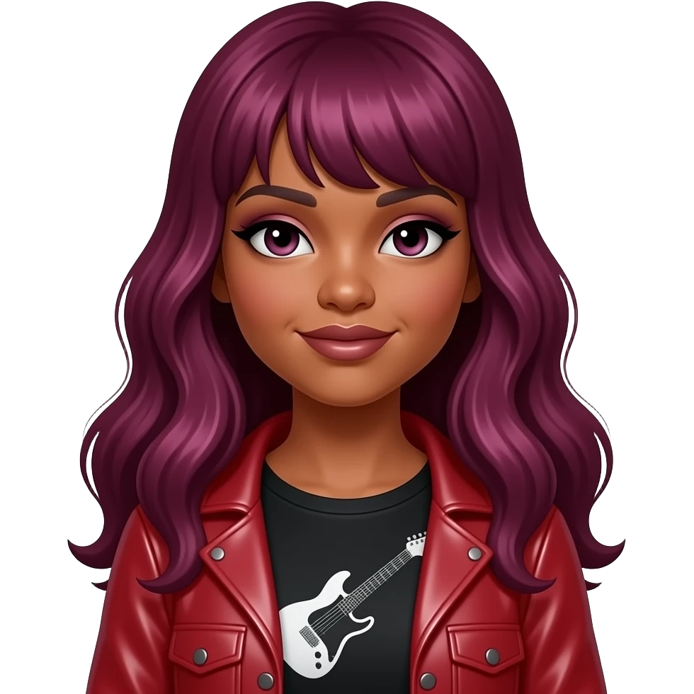 A black girl smoky eye make up dark pink hair, long hair, black top with guitar on it and leather red sweater emoji