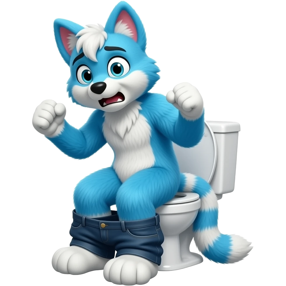 blue fursuit sitting on toilet, side view , pants down, pushing, straining face,  uncomfortable, both fists emoji