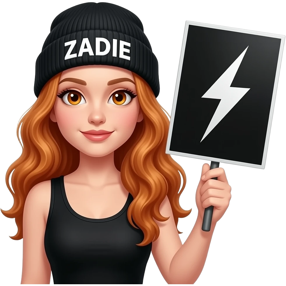 sexy girl with overlong wavy ginger hair and ginger eyes wearing a black tanktop and a black beanie with ZADIE written on it, is holding a black sign with ⚡️ on it emoji
