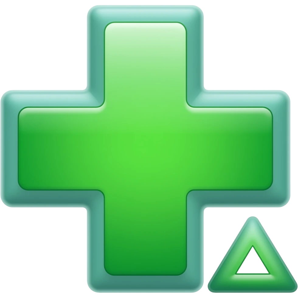 Flat 2D cartoon style icon of [A green medical cross with a tiny delta in the corner], simple shapes, bold outlines, vibrant colors, white background. emoji