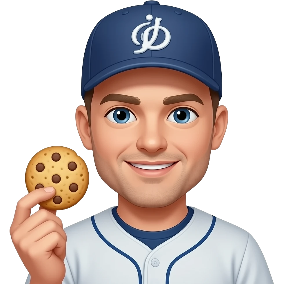 Now put a baseball hat on him. He doesn’t have hair. Don’t forget to put the cookies back in his hand. emoji