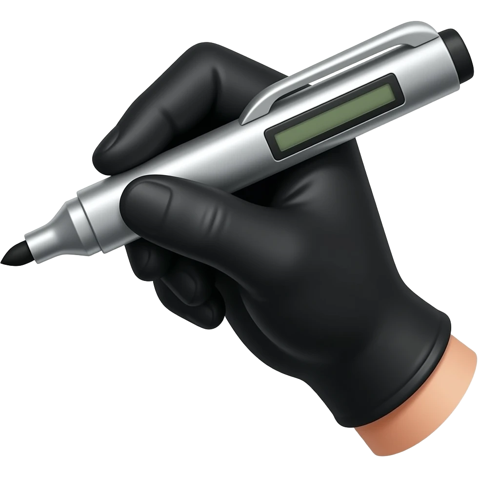 female hand in black simple glove writing with big bold metallic marker, small display timer on the marker emoji
