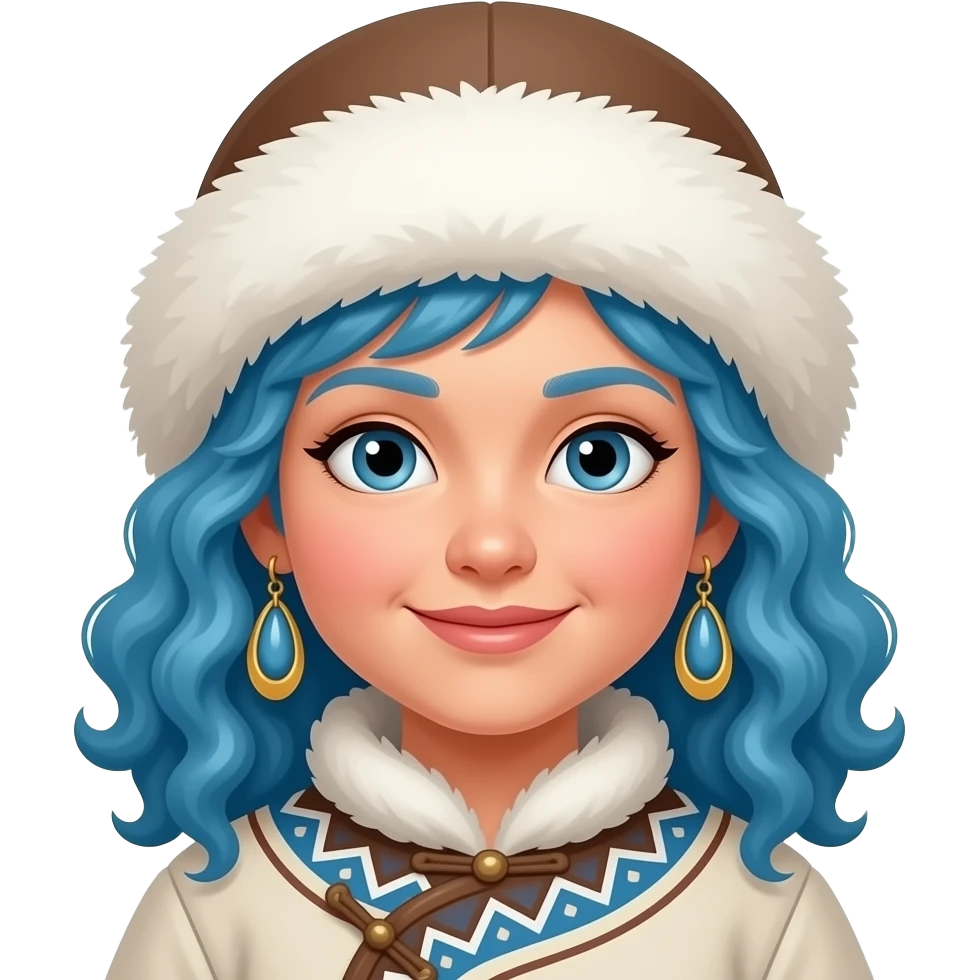 eskimo girl with blue curly hair and big earrings in classic eskimo outfit with hat, just face emoji