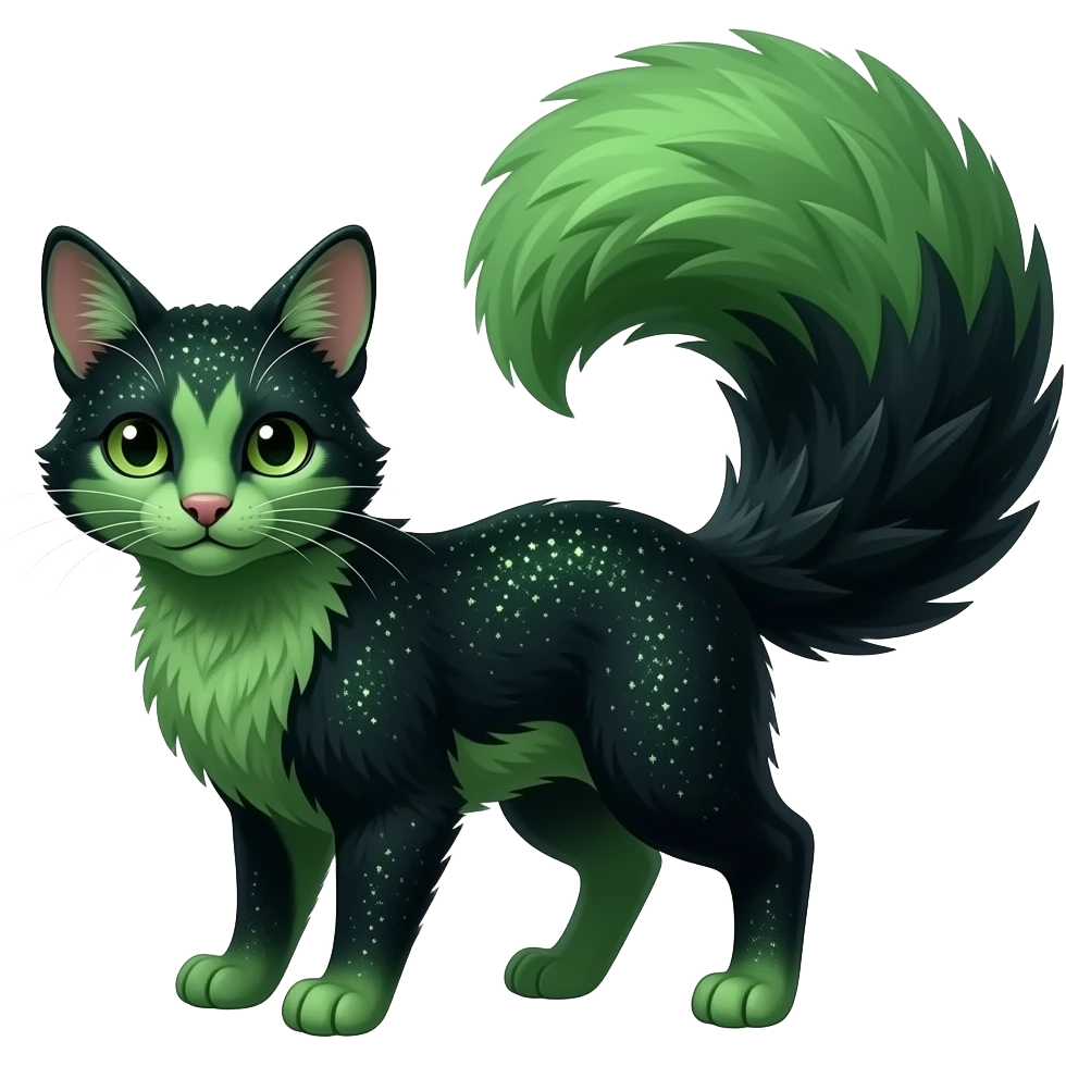 Hyper realistic forest-hunger-green-emerald-green-onyx-black-gradient velvet fur soaked in starlight glitter and shadow gradients beautiful elegant pretty precious cute Fakémon-Pokémon-opossum-feline-serval-caracal-chinchilla-Furret-Minccino-hybrid-creature with a big fluffy bushy tail (full body) emoji