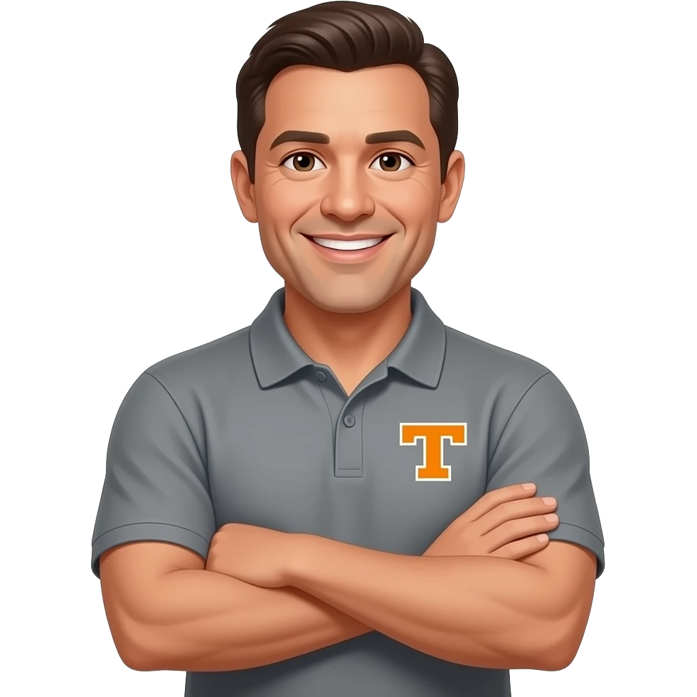 Male property manager, friendly, 45 years old, casual, light tan, university of TN Fan, arms crossed, gray polo emoji