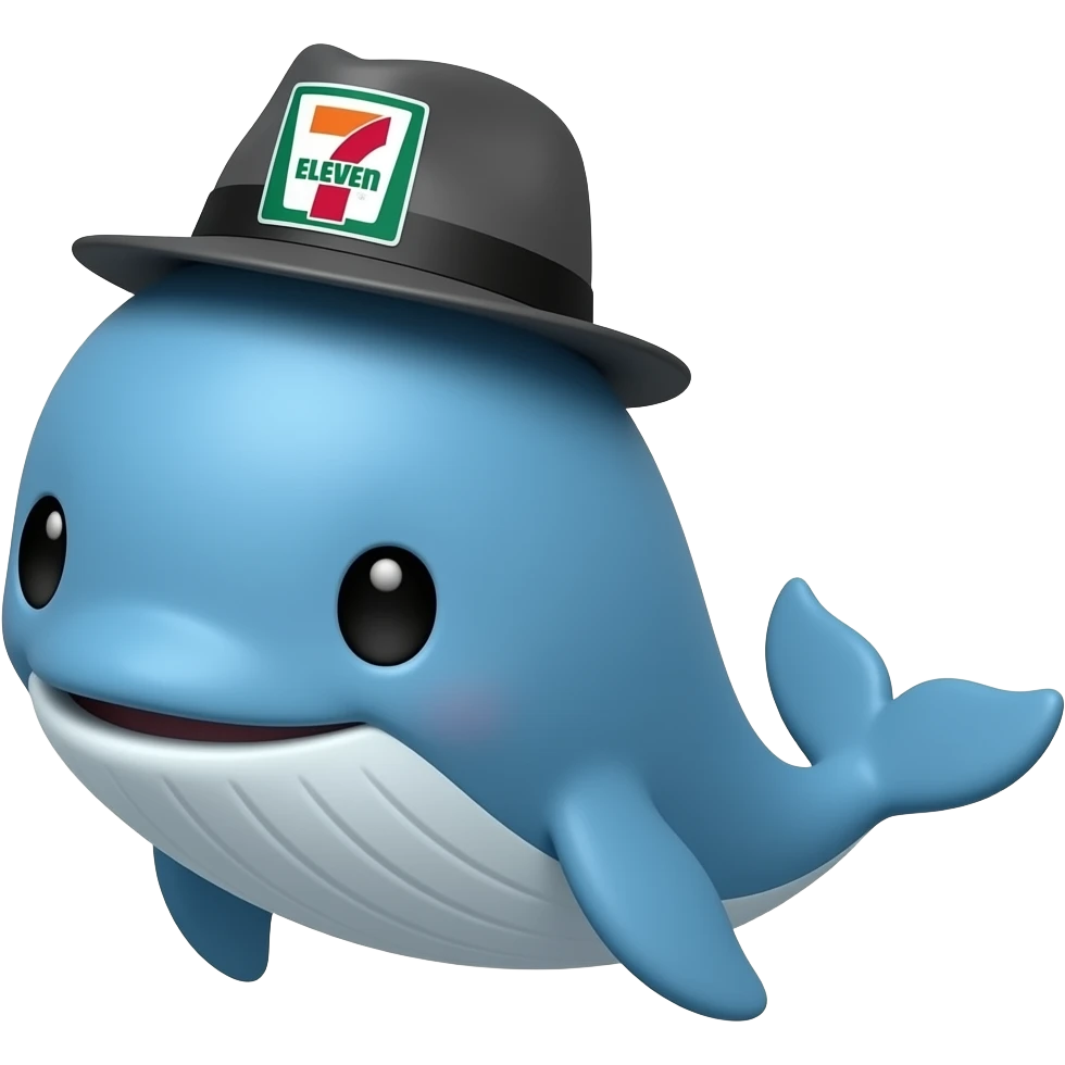 cartoonish blue Whale wearing a 7-eleven branded black and grey fedora with one of its two flipper showing a thumbs up emoji