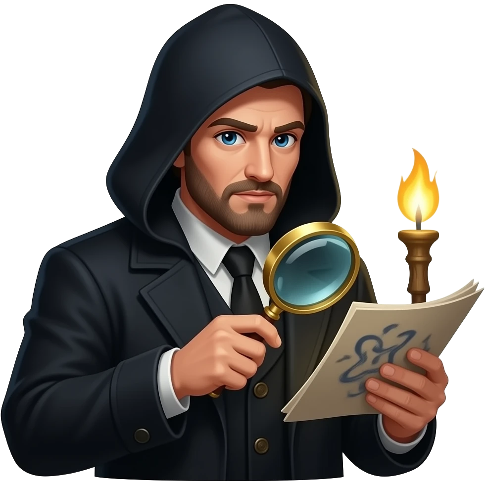 > “Medieval paranormal investigator, hooded coat, holding magnifying glass, dark fantasy style” emoji