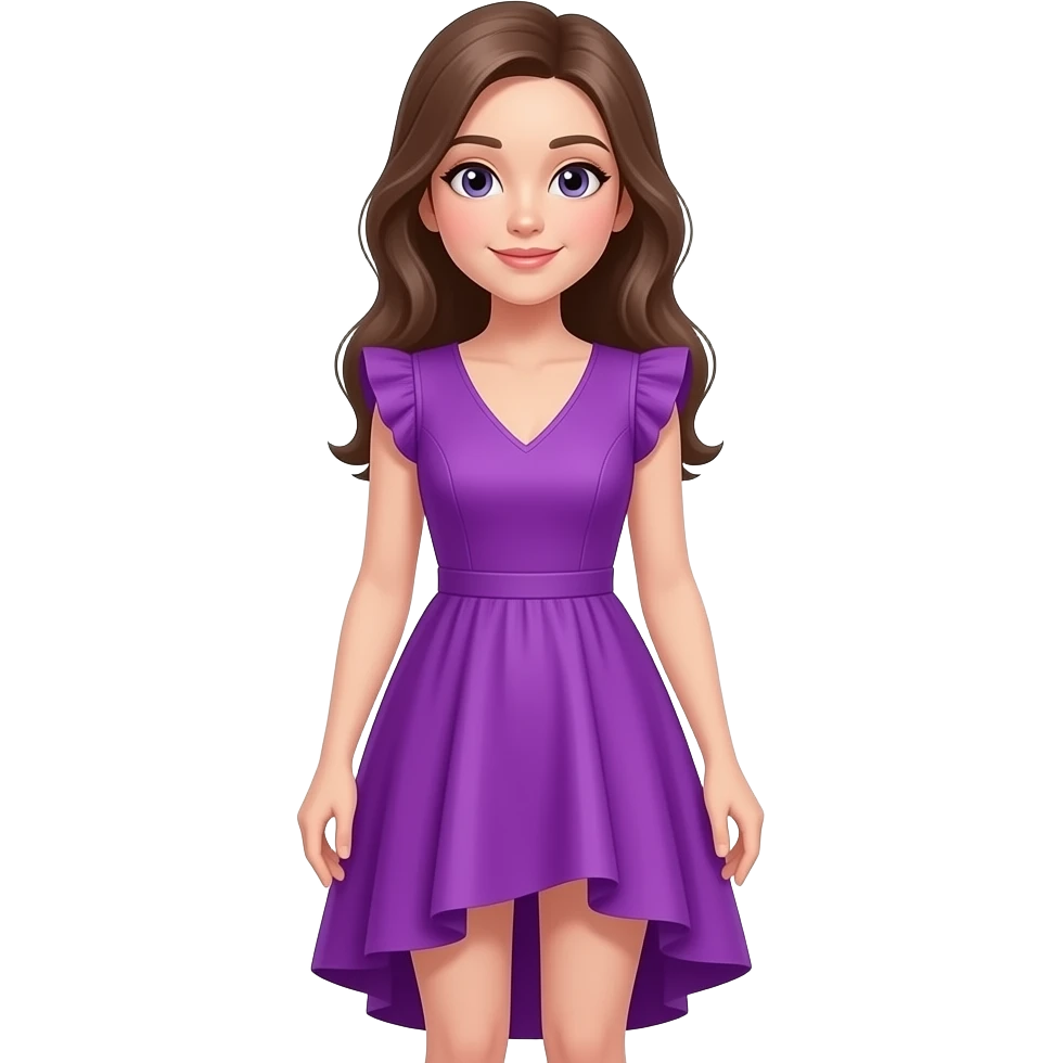 A girl Who wears She wears a vibrant purple, sleeveless dress with a V-neckline and ruffled cap sleeves. The dress has a fitted bodice and a flowing, asymmetrical skirt that is shorter in the front and longer in the back, with layered hemlines emoji