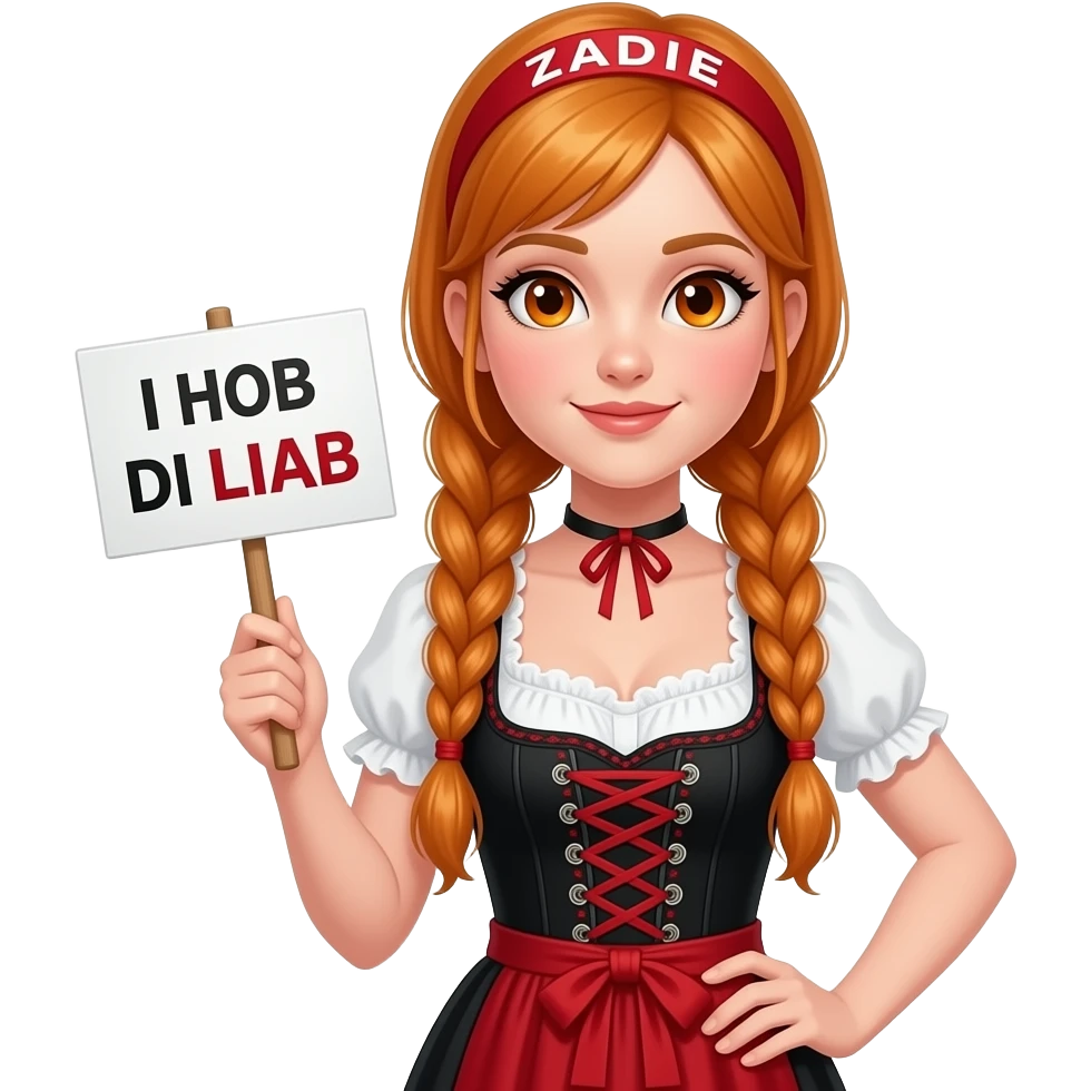 sexy girl with overlong ginger braids and ginger eyes wearing a black red dirndl and a red headband with ZADIE written on it, is holding a sign with I HOB DI LIAB written on it emoji