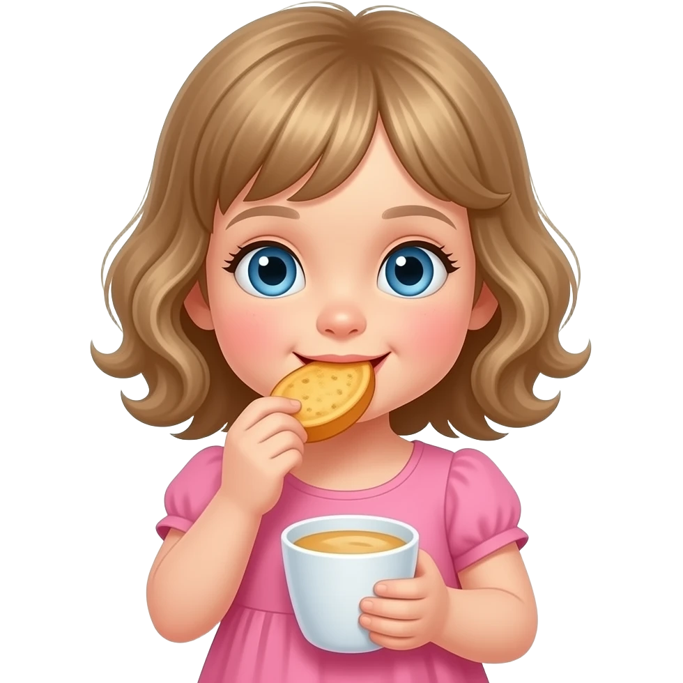 white kid blue eyes mid length with bangs soft curly hair to shoulders in color: middle to little darker blonde, in pink dress, eating breakfast emoji