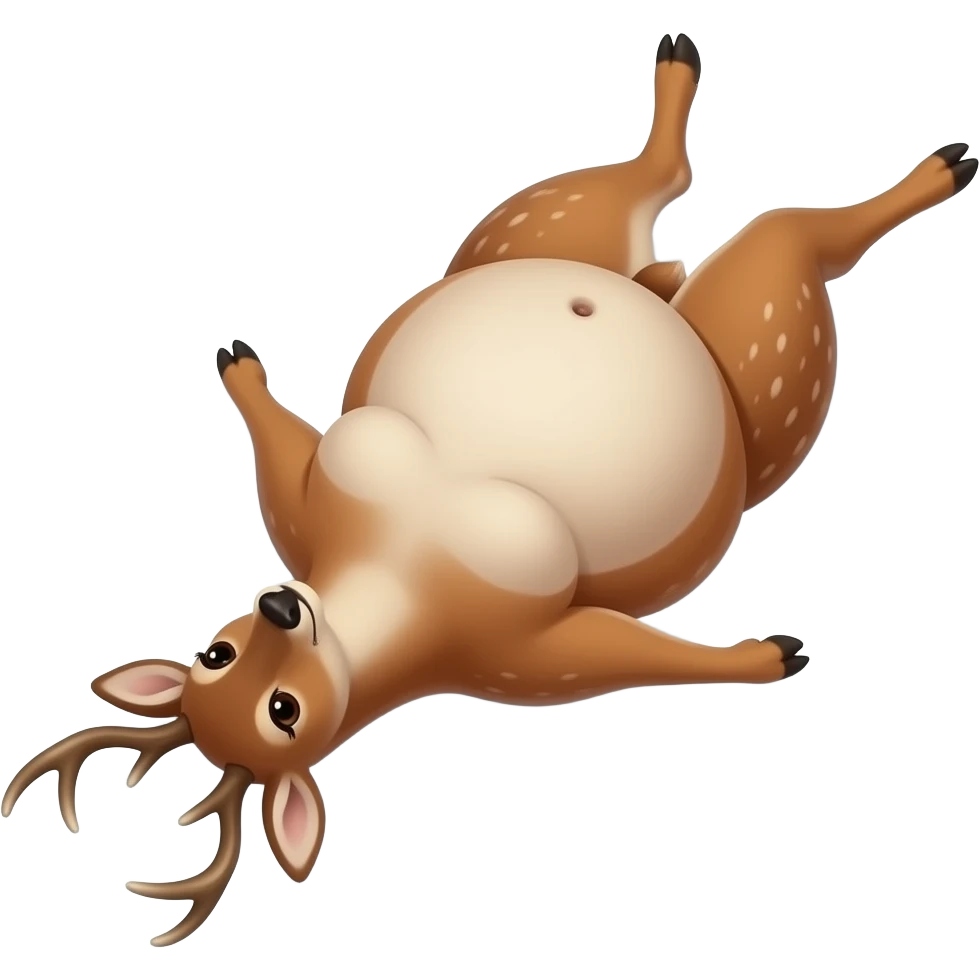 A female deer/doe is sprawling on her back unable to move,she pinned down by her own gigantic spherical ballooning Belly,her Bellybutton looks like it could reach the forest ceiling,she is that Fat,She ate way too much,She is one stuffed deer. emoji