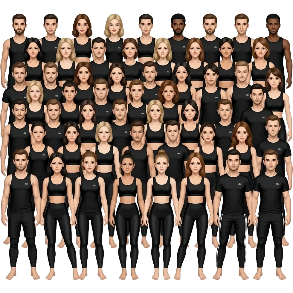 A large group of dancers in both gender wearing black workout clothes with bare feet emoji
