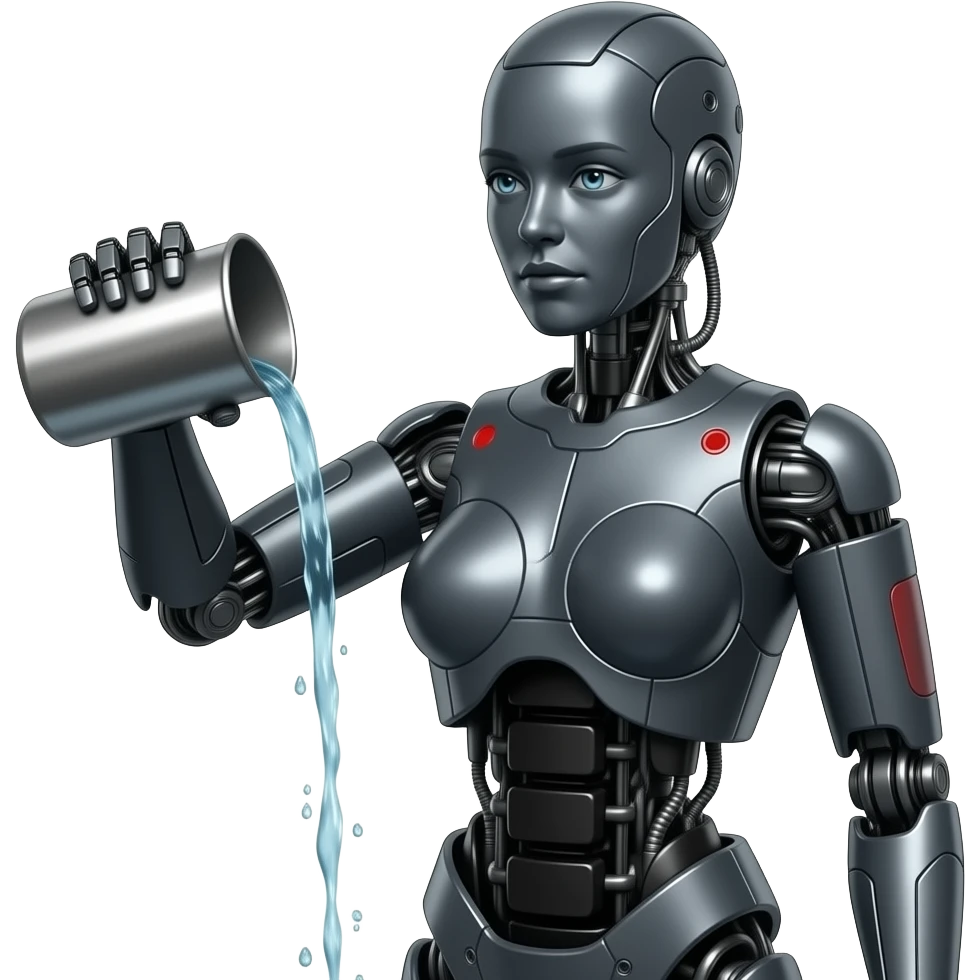 full length body Mechanical female robot made of dark gray metal with black and red markings Pouring water from a steel container, full length body, no human features, robot face, robot head emoji