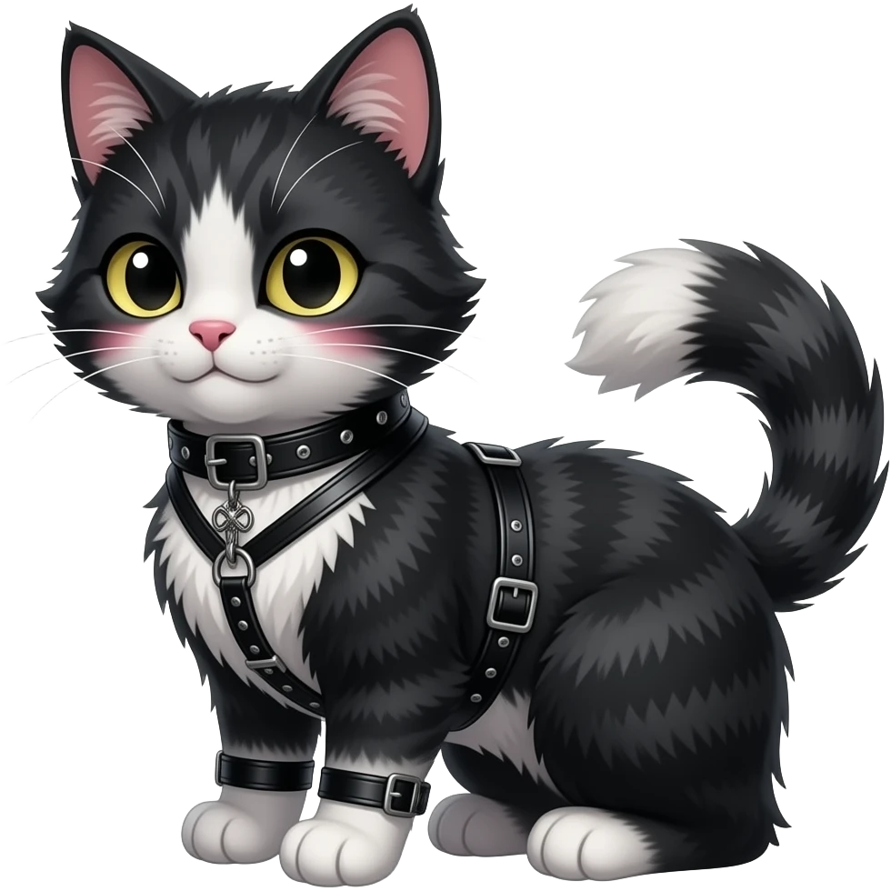 Gorgeous furry gothic dark techwear anime style anthro black cat fursona with blushing face aesthetic and pretty edgy black with collar and harness trending style emoji