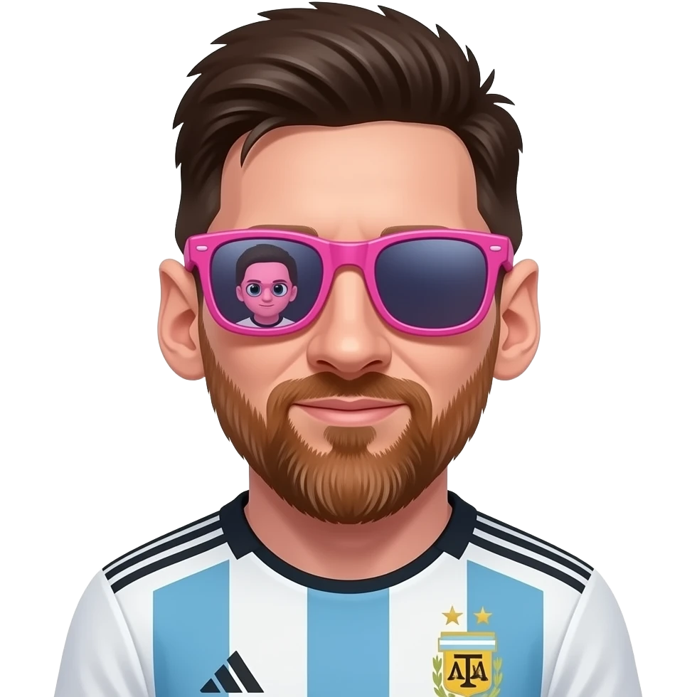 Messi emoji avatar, Argentina jersey. Exactly 1 big pink sunglasses on the eyes, with 1 tiny pink sunglasses hidden inside the left lens reflection. emoji
