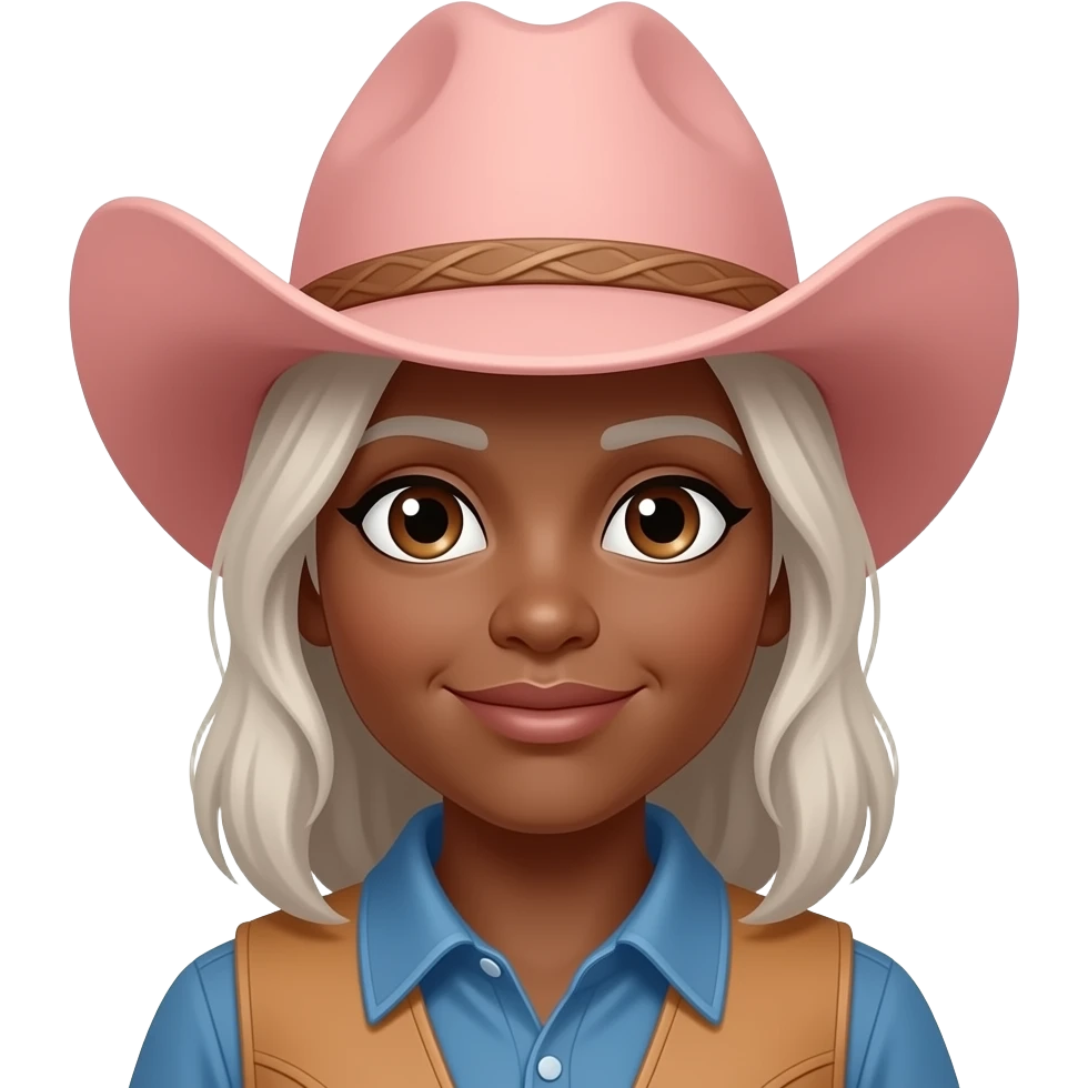 Old Cowgirl with pink hat dark tanned skin grey/blonde hair brown eyes emoji
