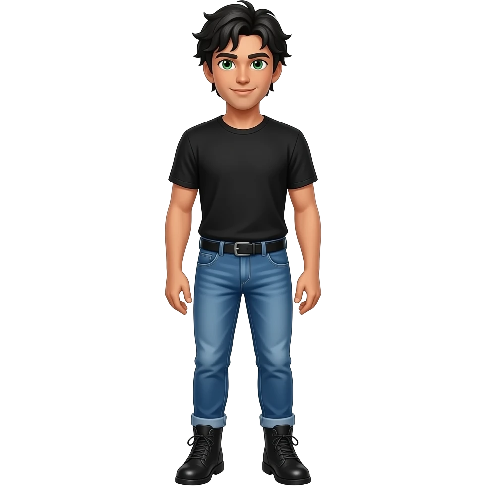 young adult man with messy black hair, tan skin, a confident facial expression and bright green eyes, in black t-shirt, jeans and boots full body emoji emoji
