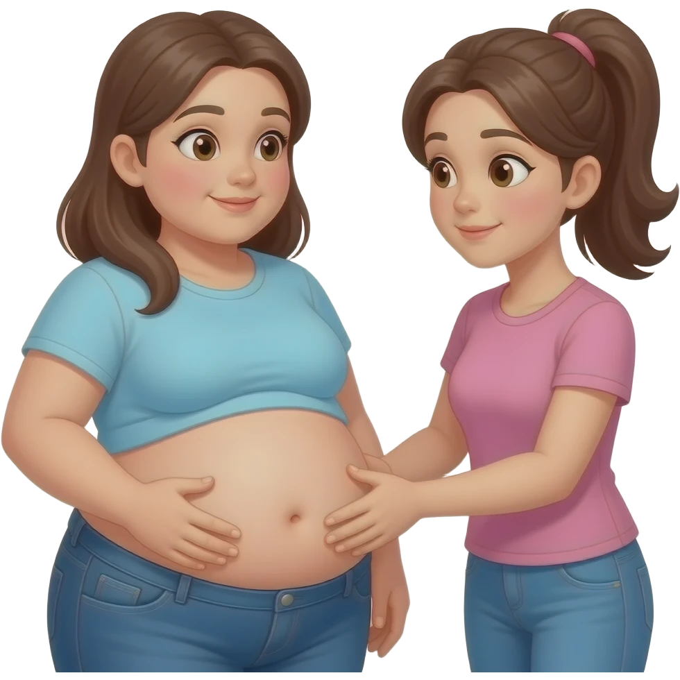 A meeting with to girls,After a great long lunch,one girl is full & fat,her bellybutton peeking out,her big belly is getting noticed,so other girl was impressed and eagerly touching the one overfed girl’s bloated belly. emoji