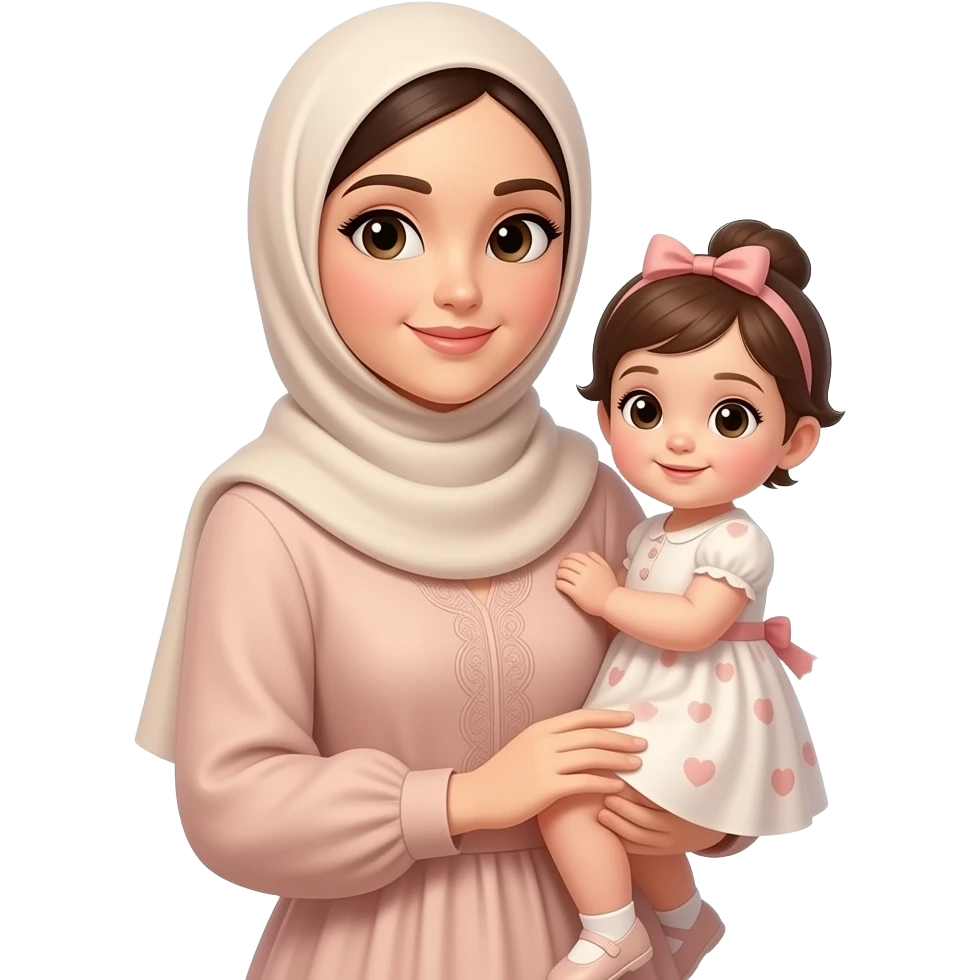 ام محجبة ترتدي فستان انيق  مع طفلة رضيعة ترتدي فستان emoji