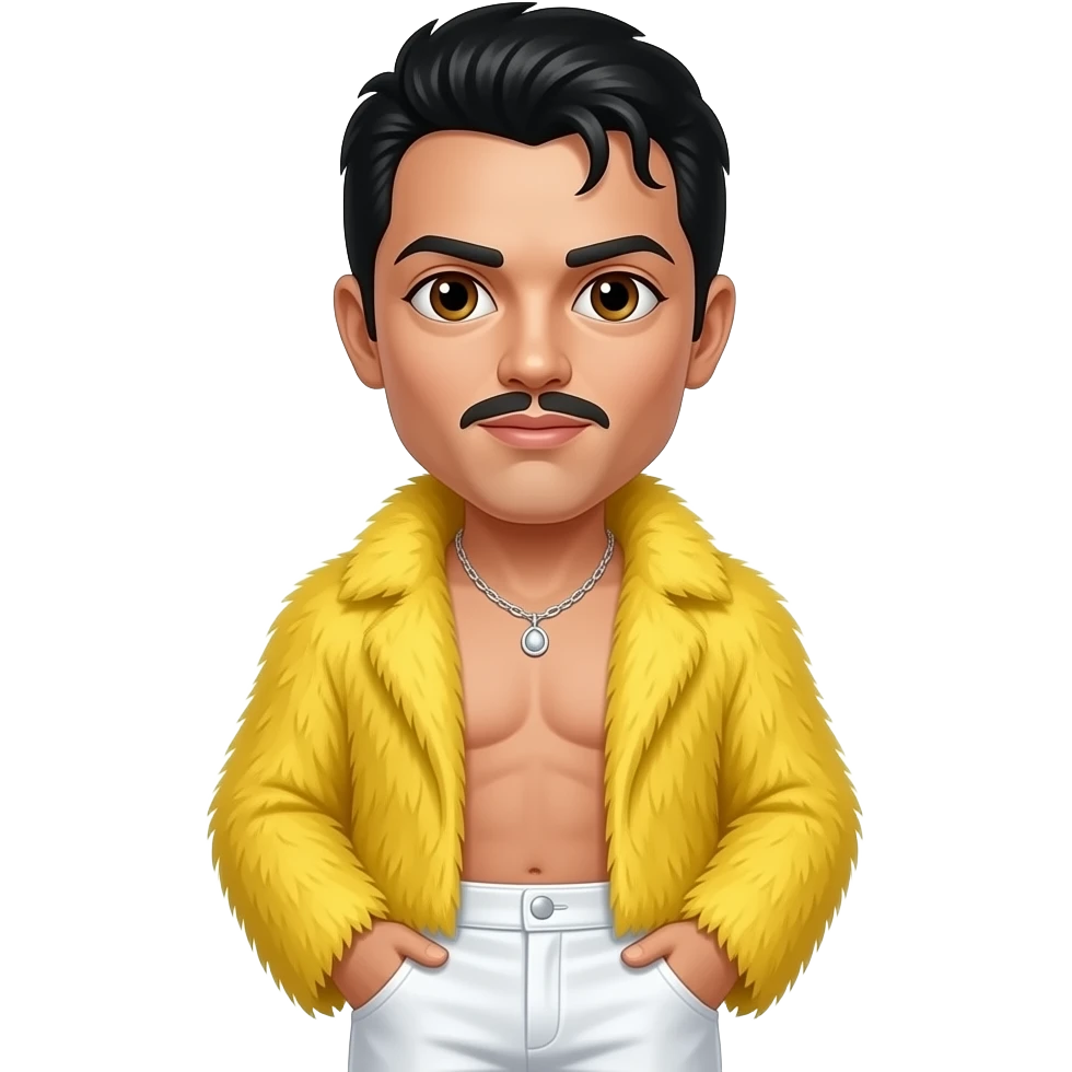 Freddie Mercury with brown eyes, black hair, yellow fur shawl, white metallic baggy pants, shirtless with necklace emoji